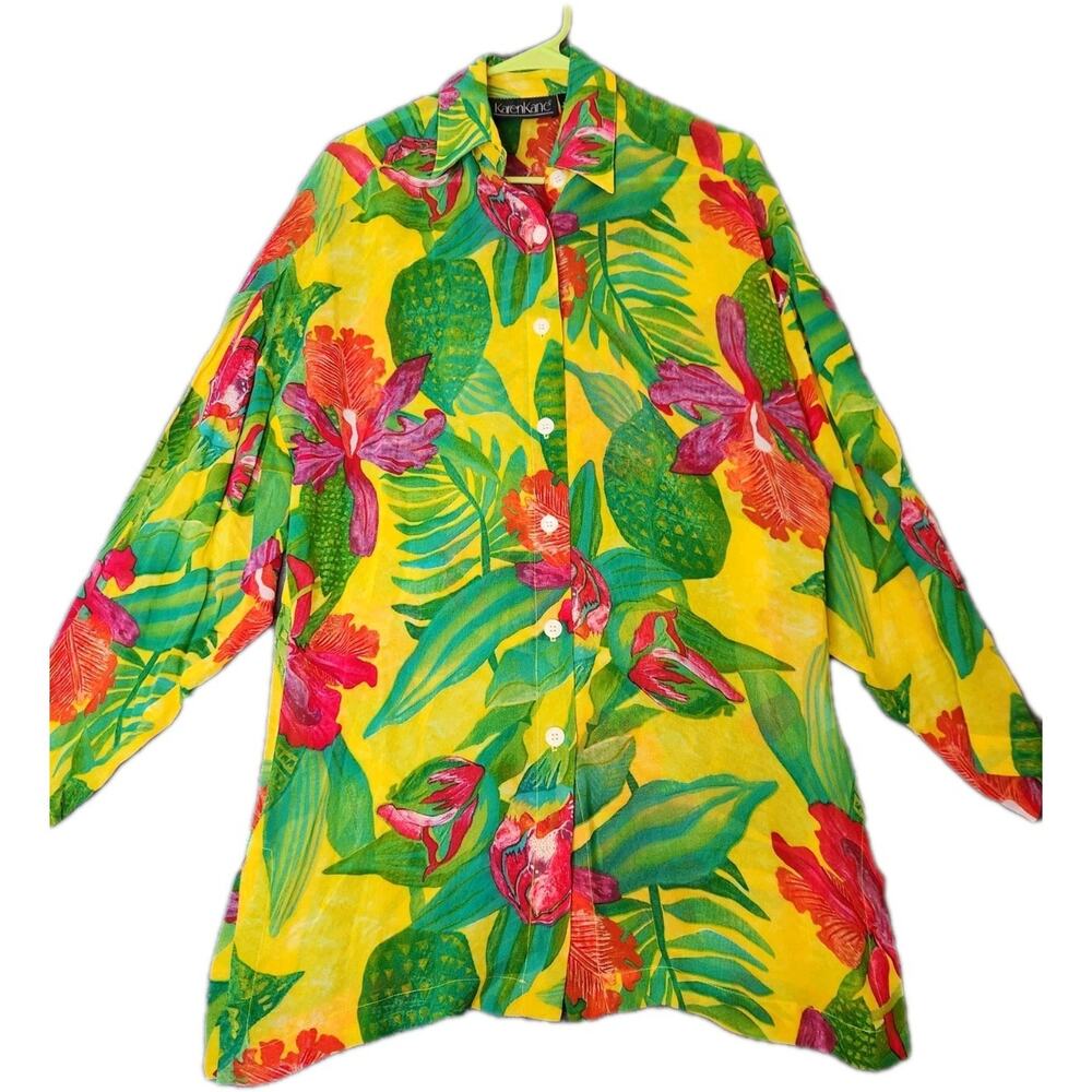 Karen Kane Shirt Womens Size 8 Hawaiian Vacation Floral Beach Button Front Long